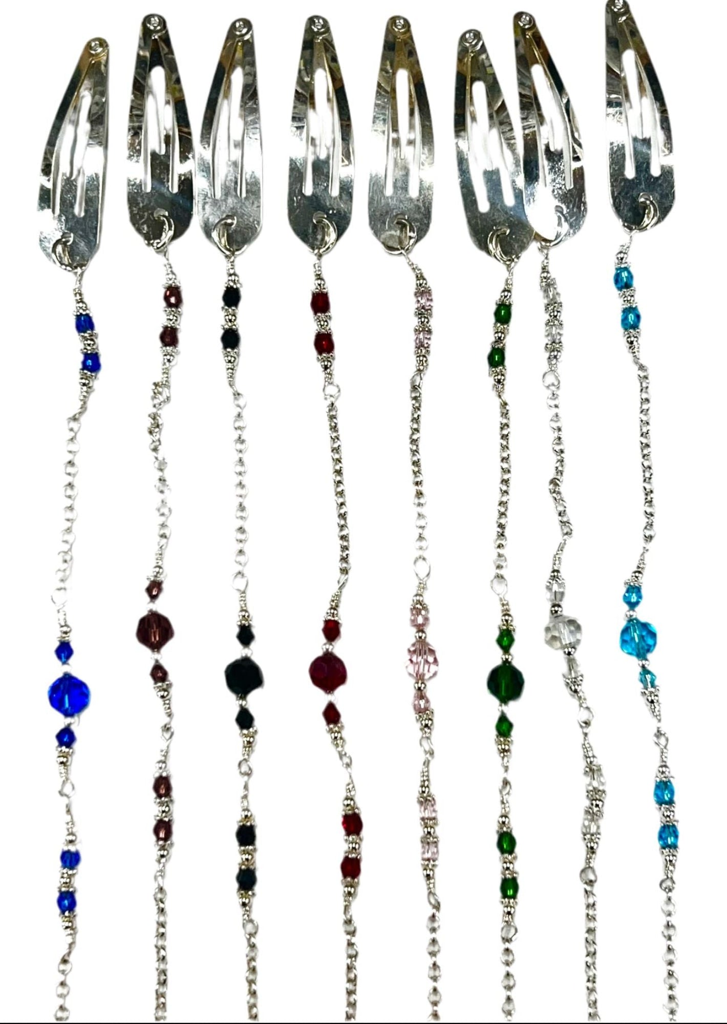 Silver hair clips with dangling chain and multicolor crystal bead accents