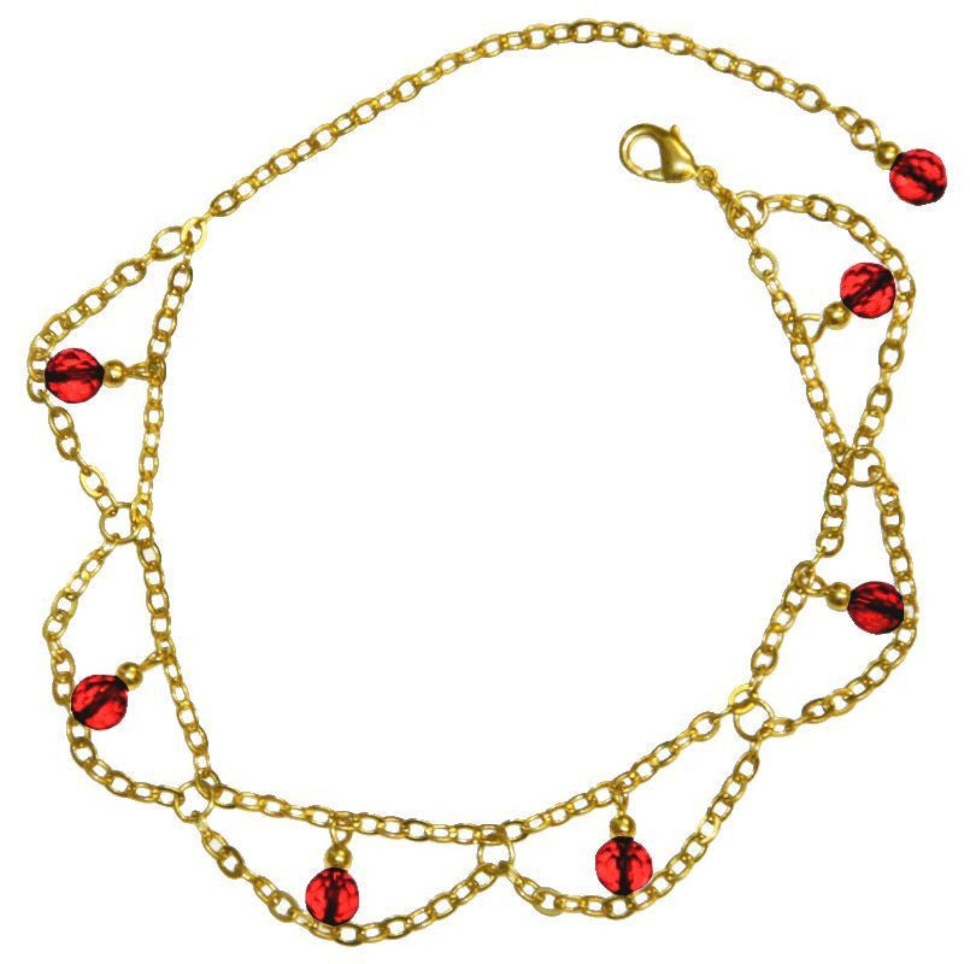 gold anklet with red beads and layered chain design adjustable front view
