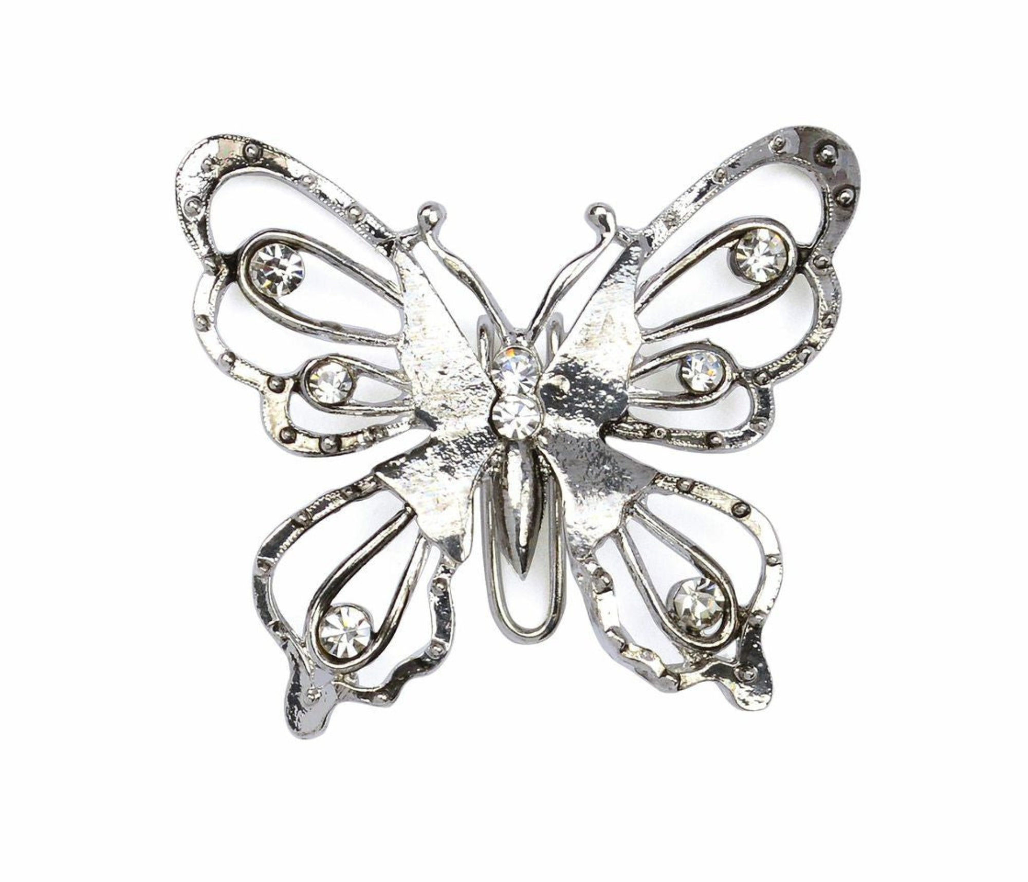 Silver butterfly ponytail hair hook with rhinestones, front view