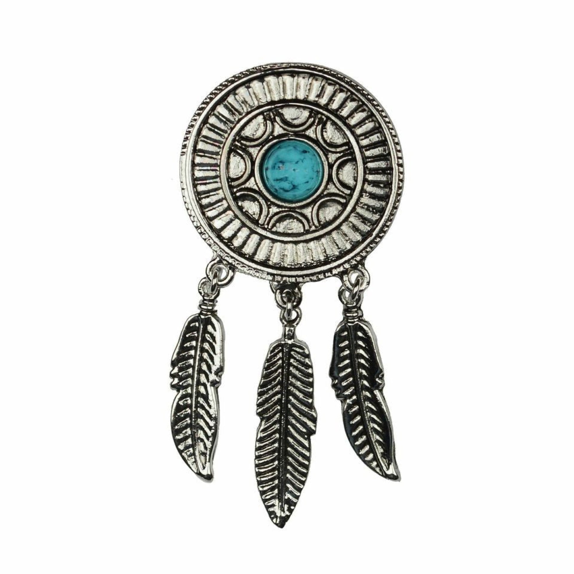 Silver dream catcher hair hook with turquoise stone and feather charms, front view