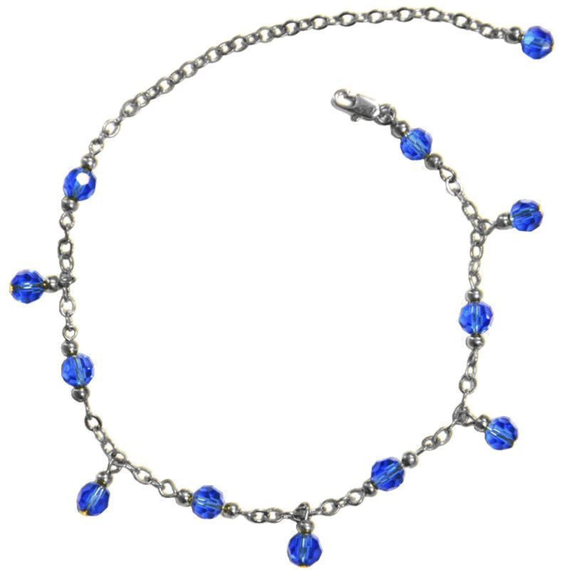 silver anklet with blue bead dangles adjustable chain jewelry front view