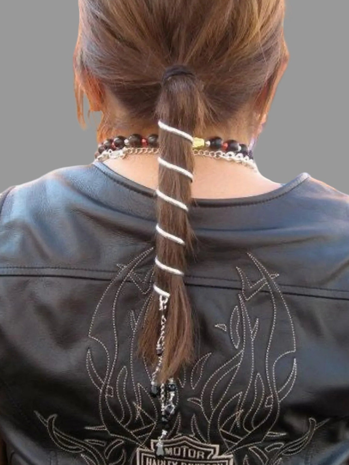 Silver 6-inch spiral ponytail wrap hair accessory, front view
