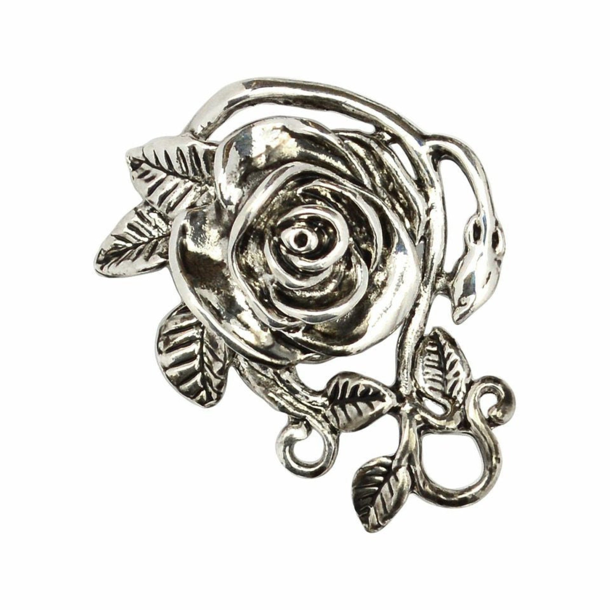 Silver rose hair hook with leaf details, front view