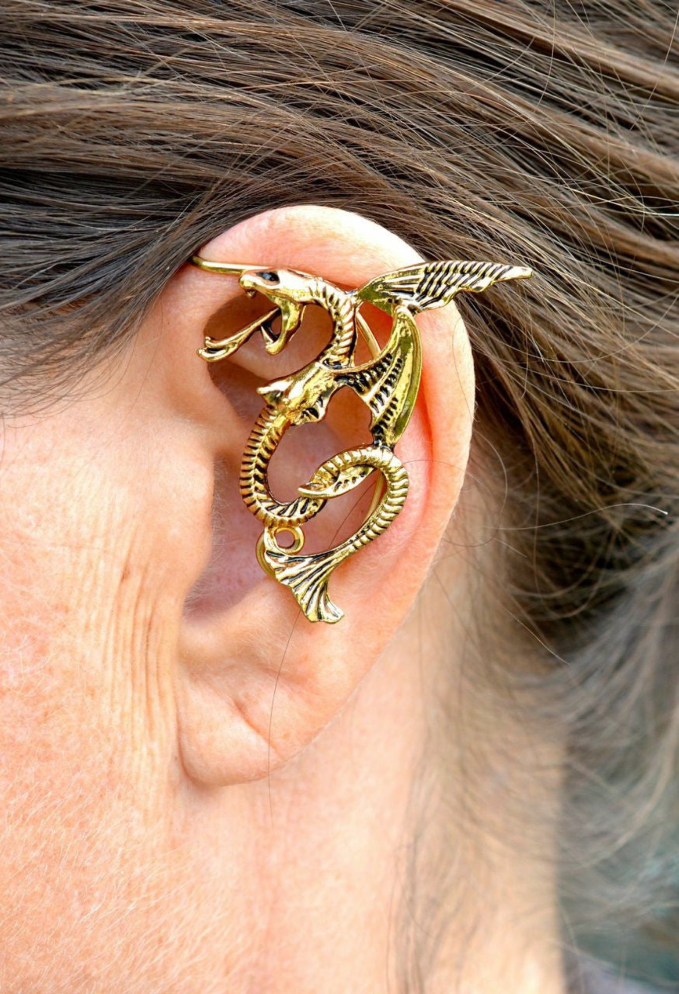 Gold dragon elf ear cuff no piercing fantasy dragon ear wrap jewelry side view worn on ear