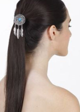 Dream Catcher Hair Hook in silver, styled with boho outfit and braid