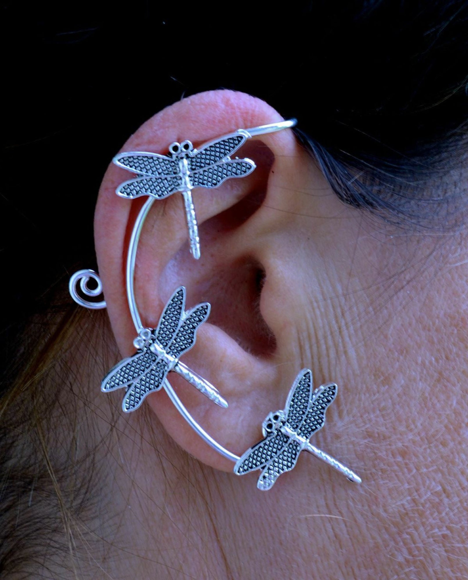 silver dragonfly ear cuff worn on ear wrap non piercing earring side view