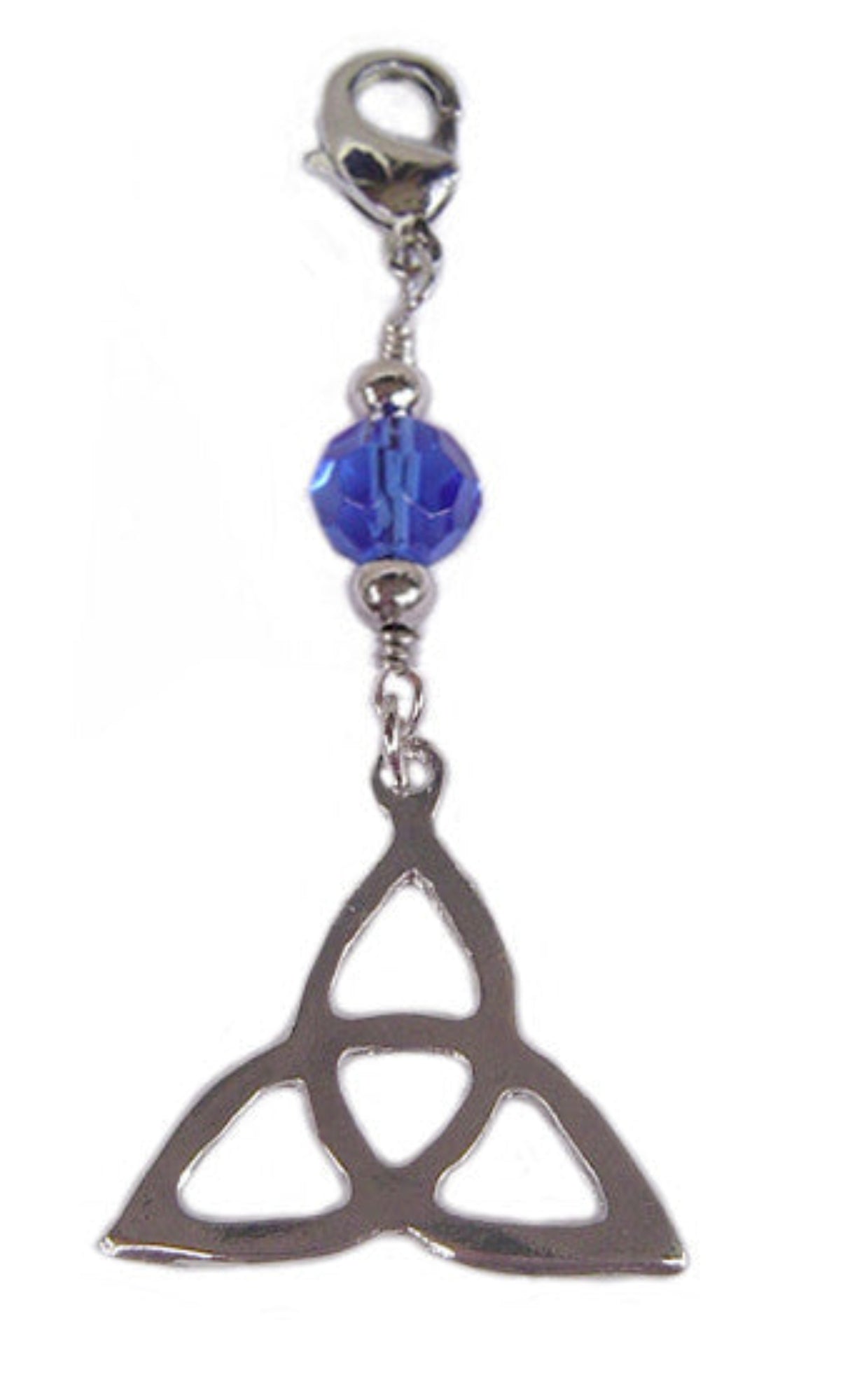Silver Celtic eternity knot hair charm with blue bead, front view