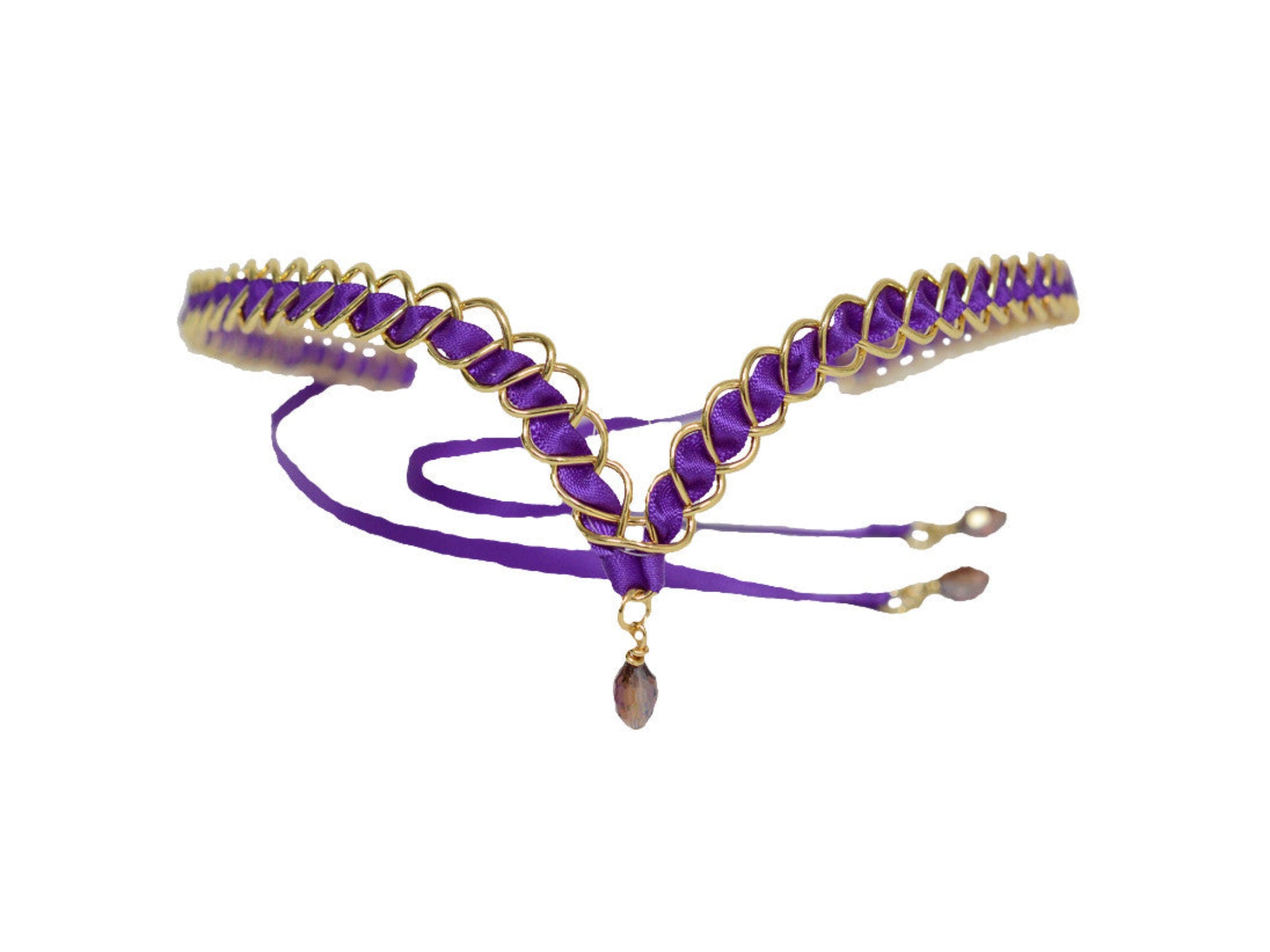 Purple braided ribbon forehead band with gold wire frame and crystal drop accent