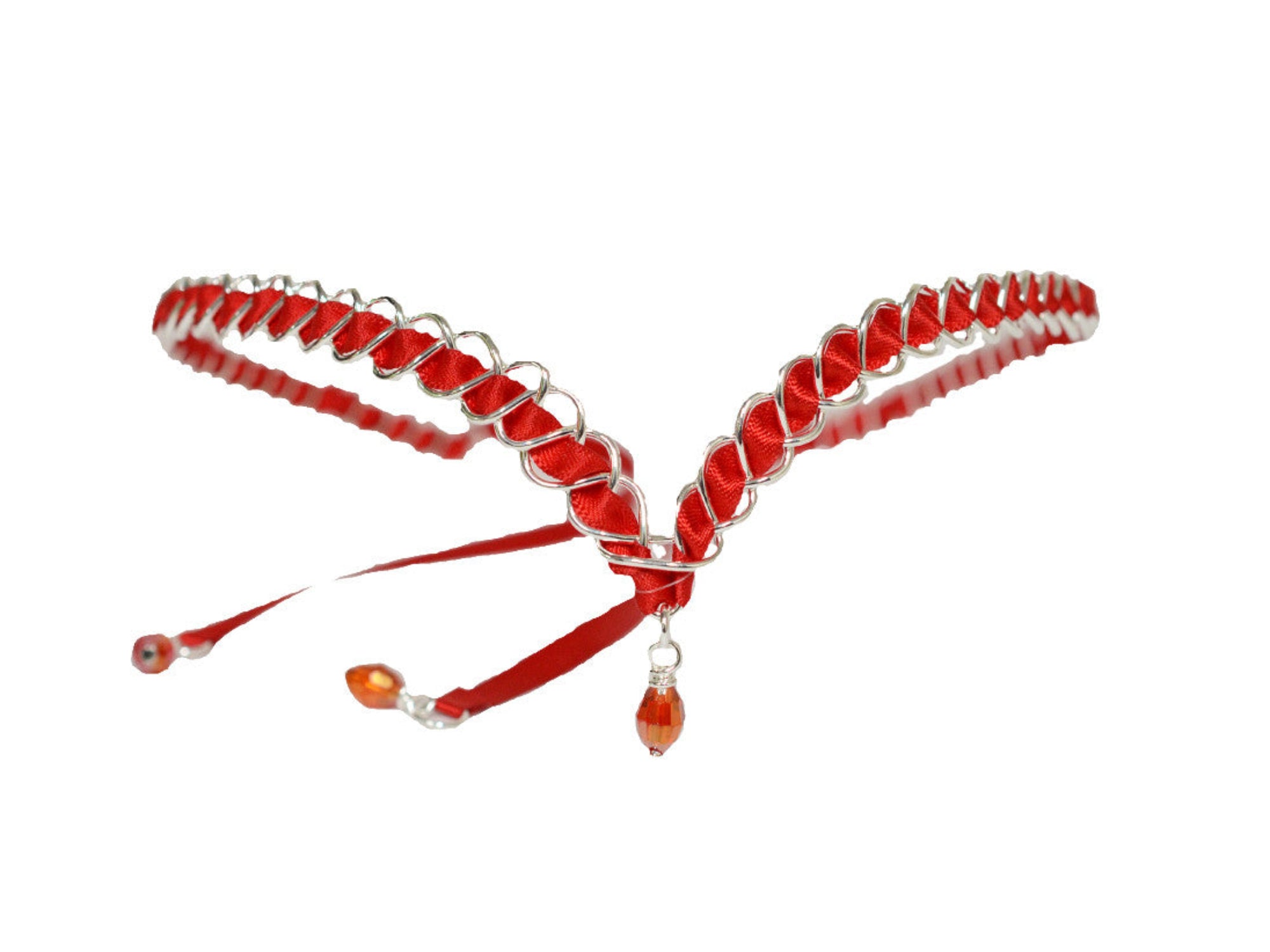 Silver wire braided ribbon crown with red ribbon and crystal drop, front view