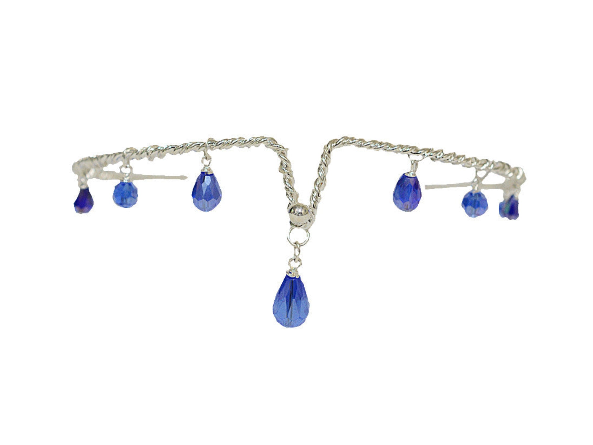 silver wire crown headpiece with blue crystal drop accents