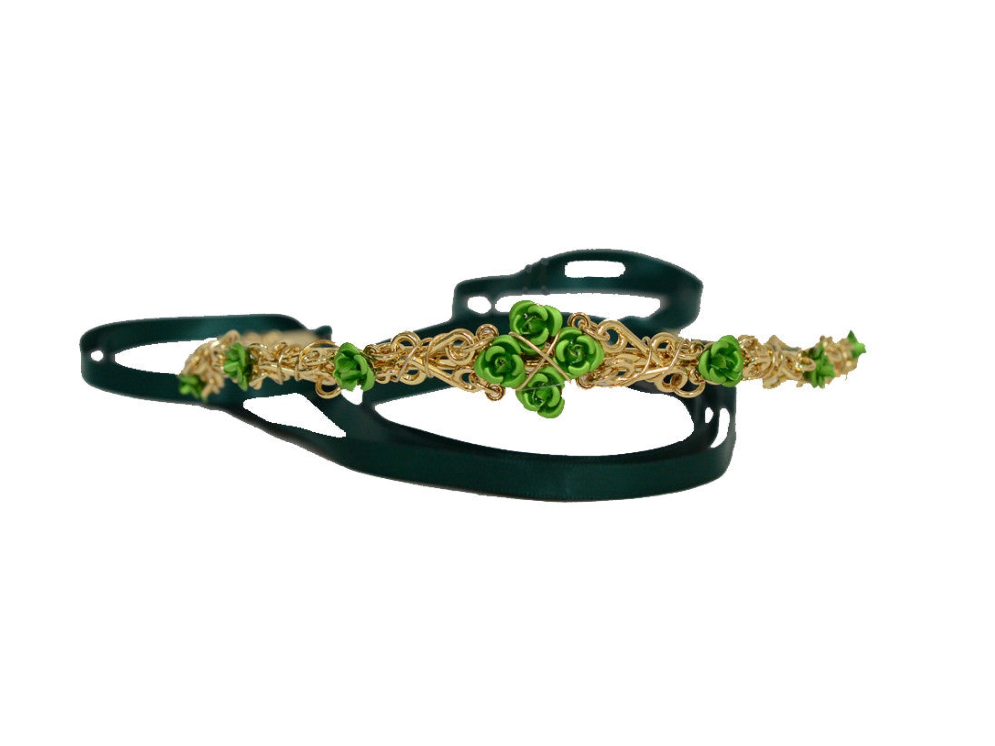 Gold wire rose crown with green rose accents and dark green ribbon ties
