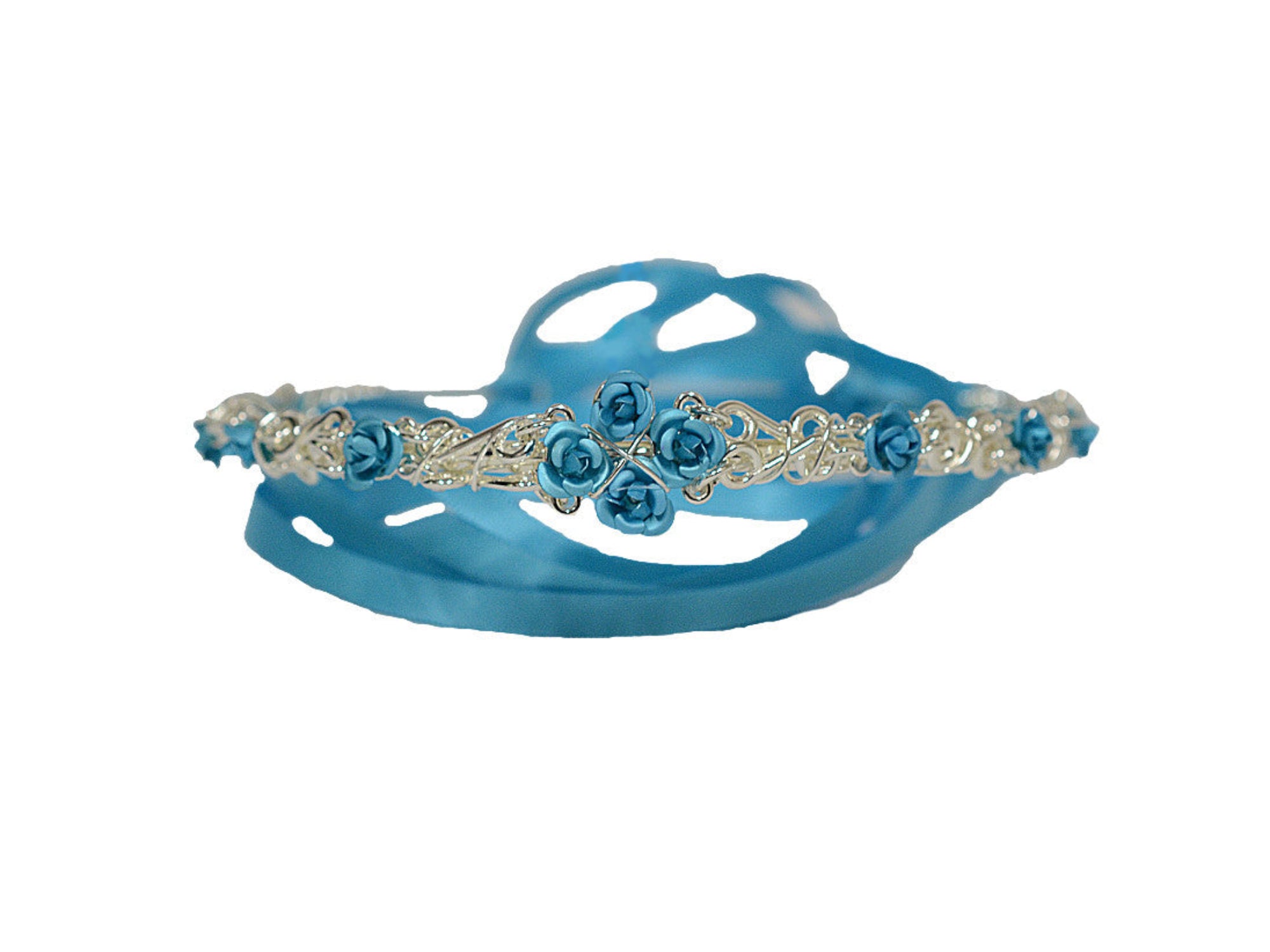 silver wire floral crown with blue roses and flowing blue ribbon, front view
