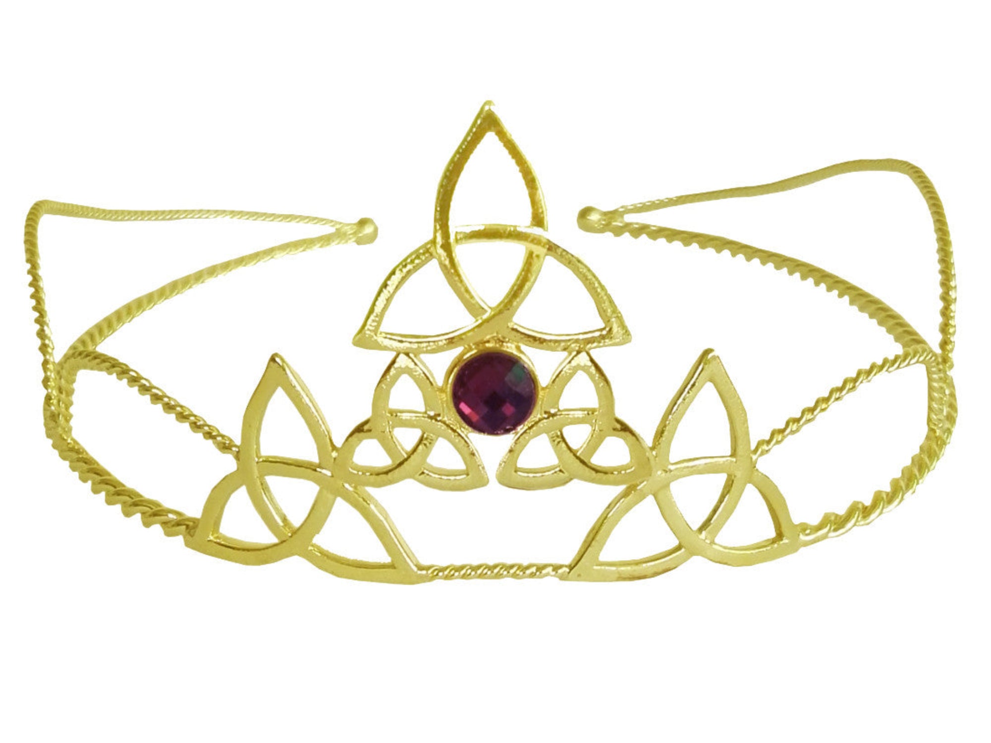 Gold triquetra wire crown with purple gemstone centerpiece, front view