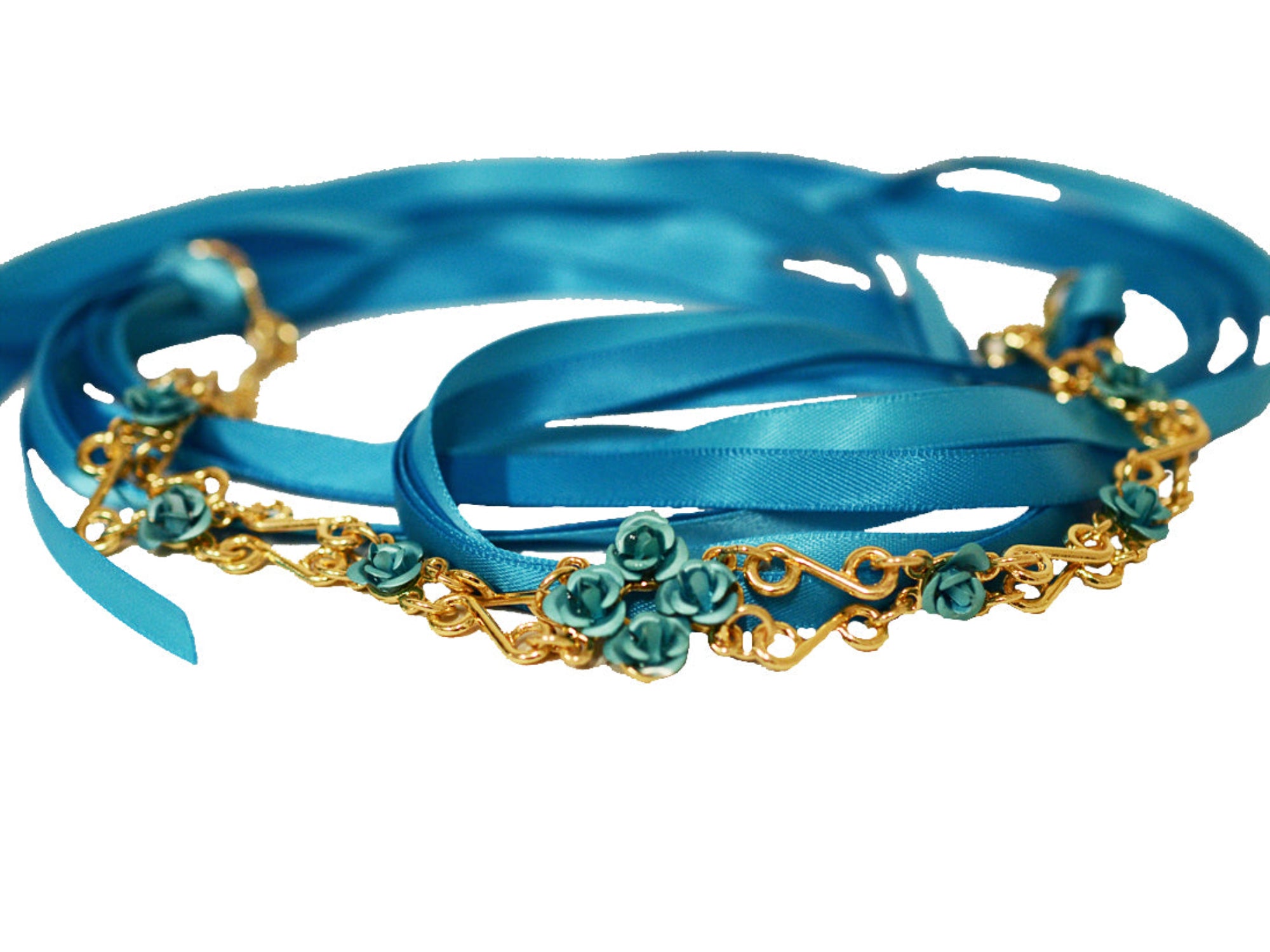 Gold wire ribbon crown with teal roses and blue ribbon ties on white background