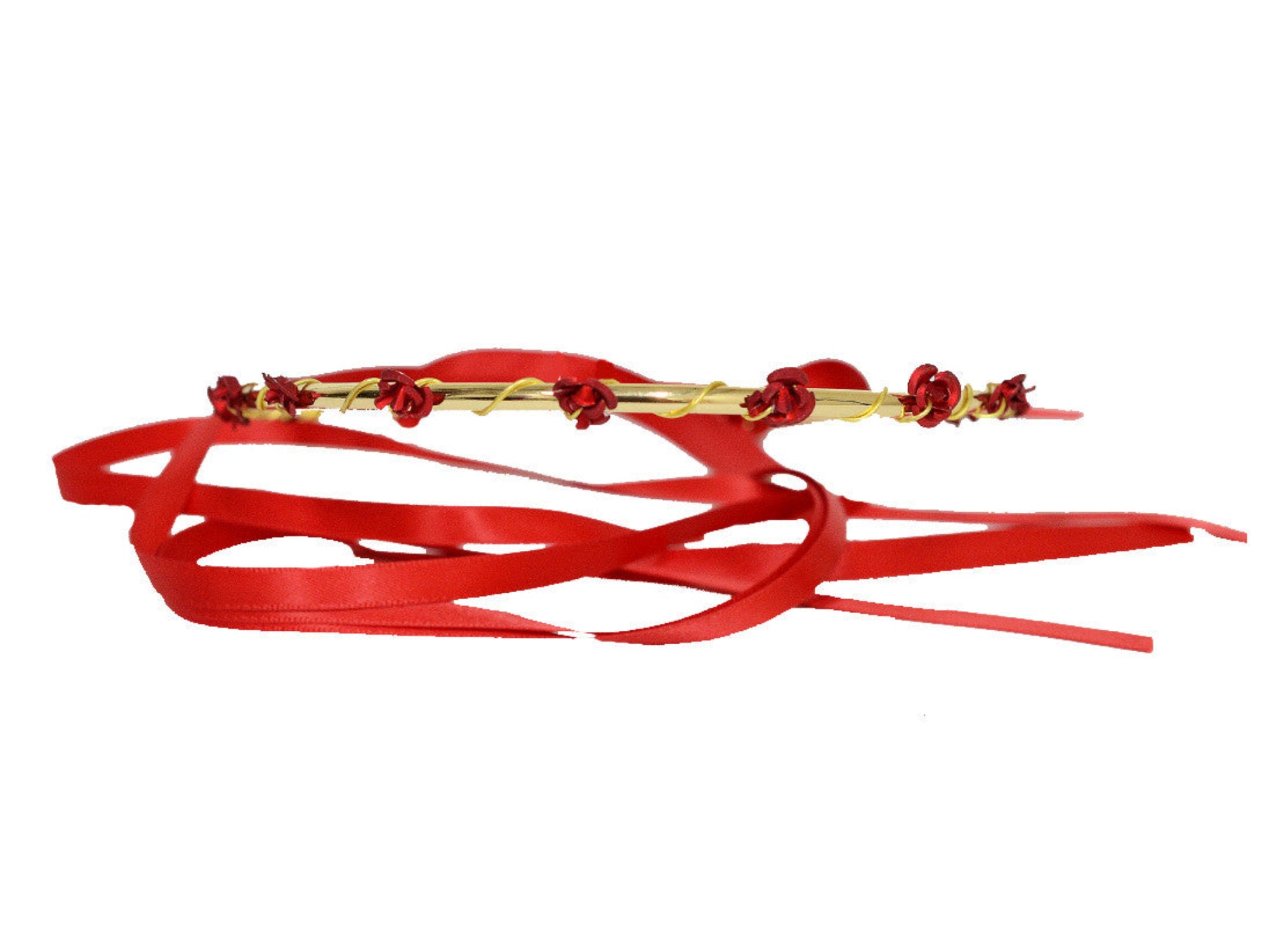 Sweet Rose crown with gold-tone floral wire and red ribbon ties