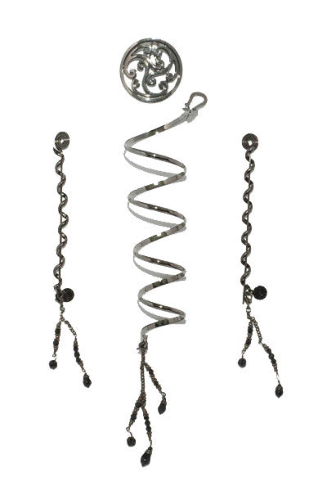 black metal hair accessory set with spiral wrap and dangling charms front view