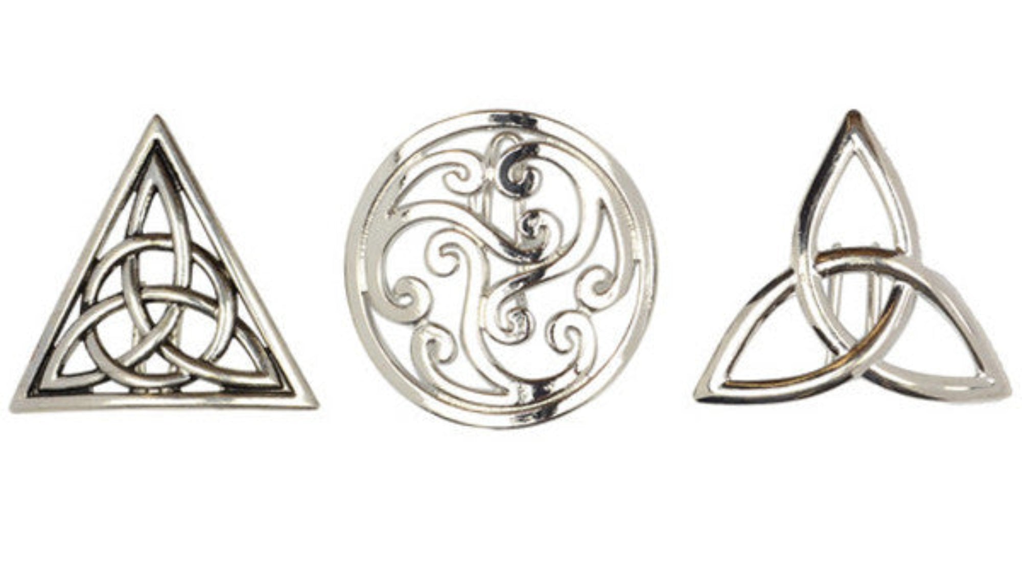 Silver Celtic hair hook set, triquetra and spiral designs, triple ponytail holder set on white background