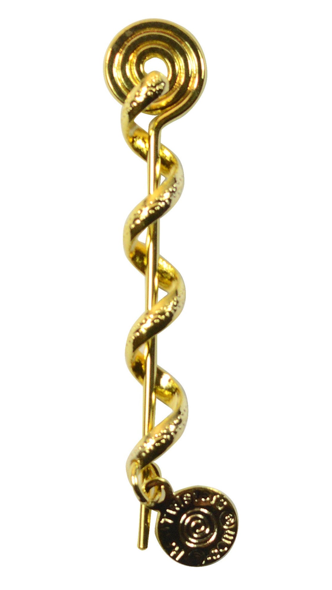 2 inch gold spiral hair twister with medallion charm, front view