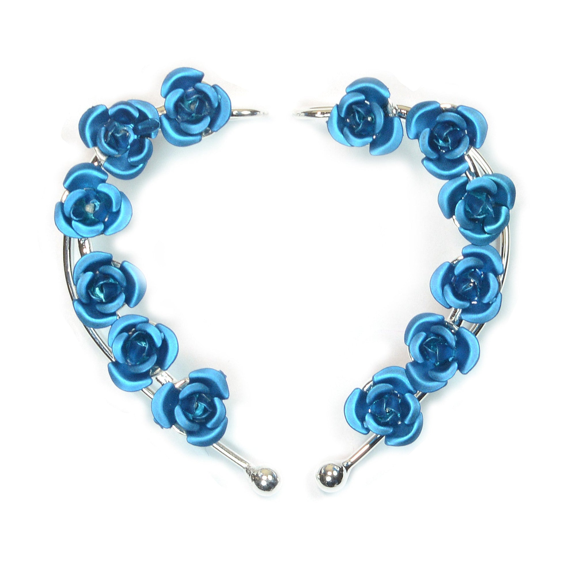 Blue rose elf ear cuff earrings silver wire no piercing fantasy floral ear wrap jewelry pair front view