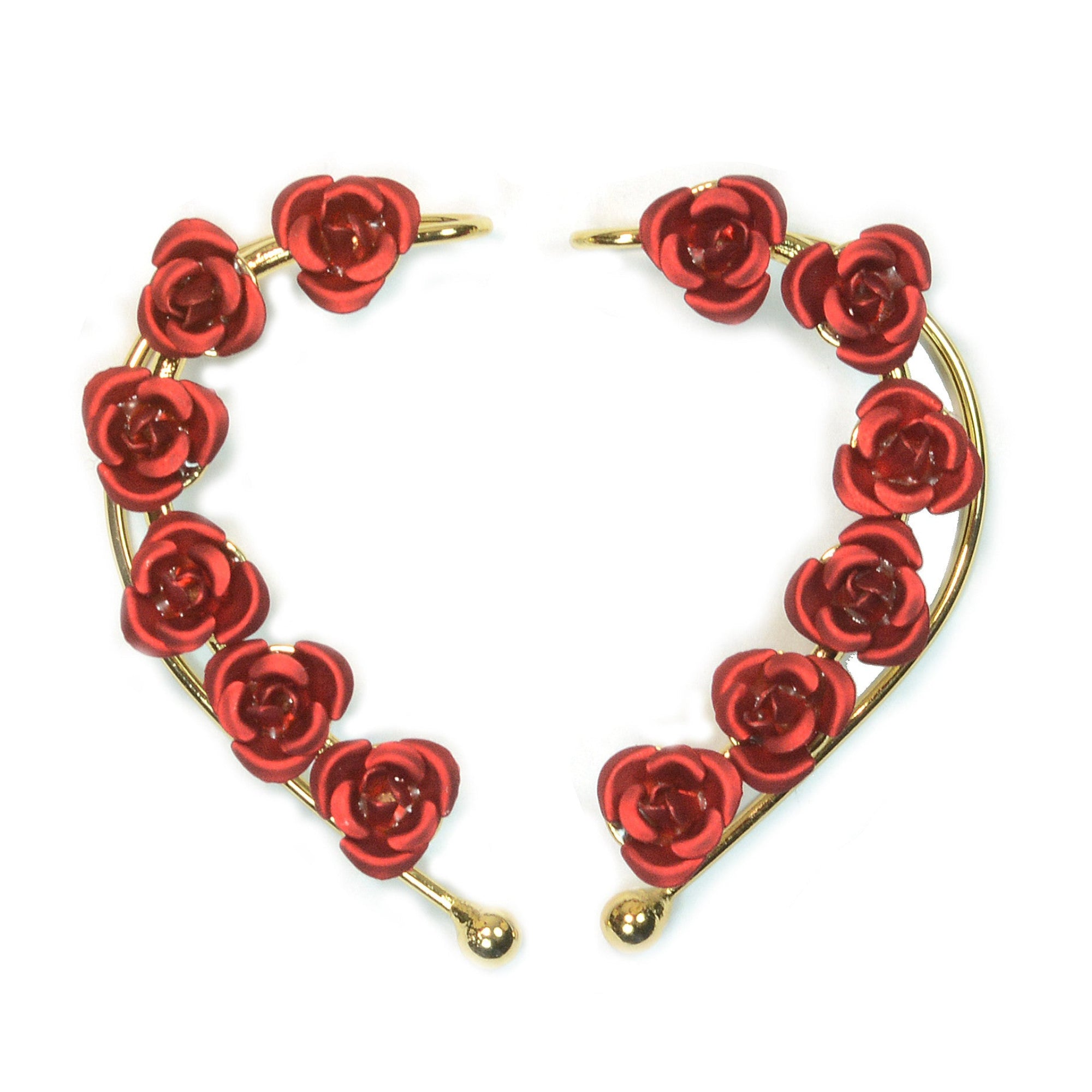 Red rose elf ear cuff earrings gold wire no piercing fantasy floral ear wrap jewelry pair front view