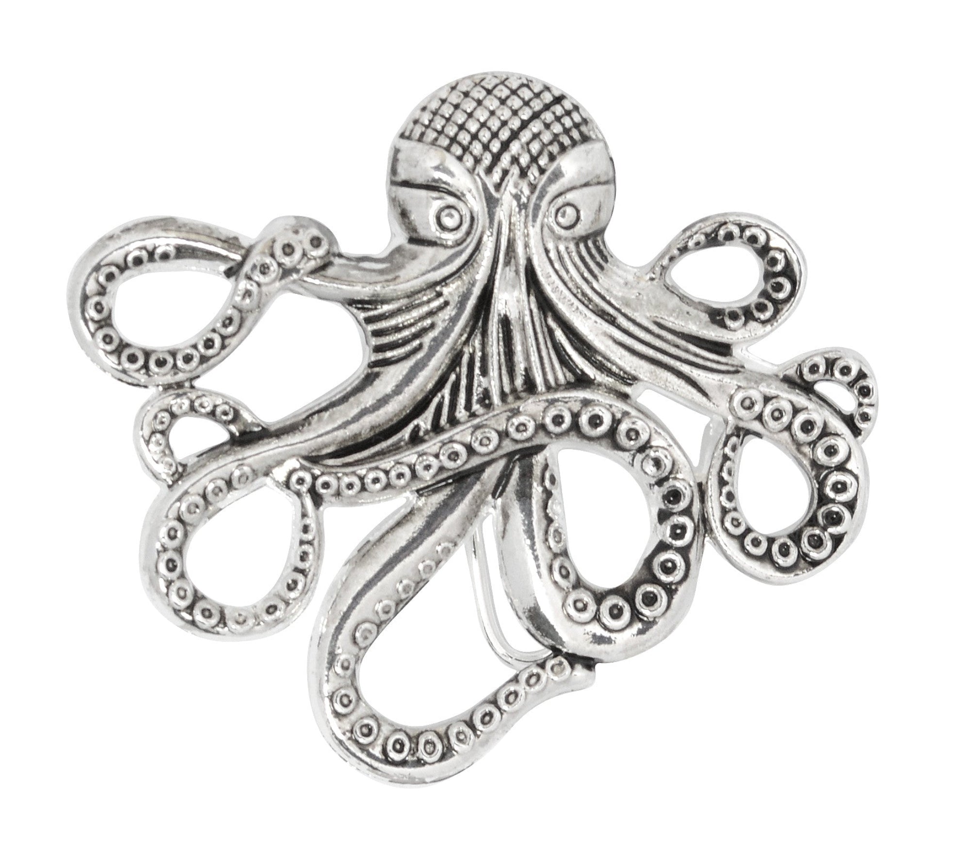 Silver Cthulhu hair hook ponytail holder, octopus design steampunk fantasy hair accessory on white background