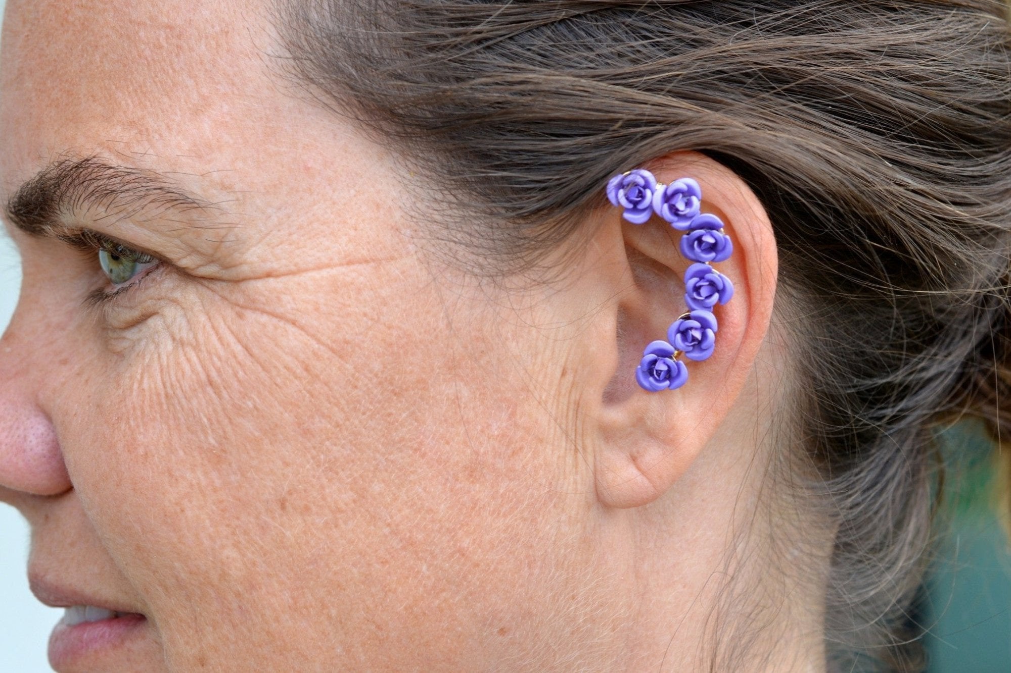 Red rose elf ear cuff earrings gold wire no piercing fantasy floral ear wrap jewelry pair front view