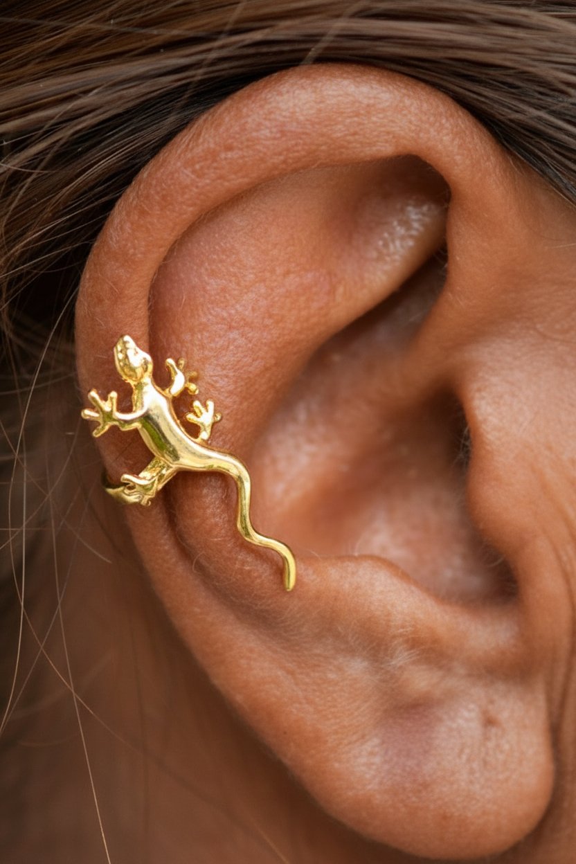 Gold gecko ear cuff, non-piercing animal ear jewelry, model wearing, close-up side view