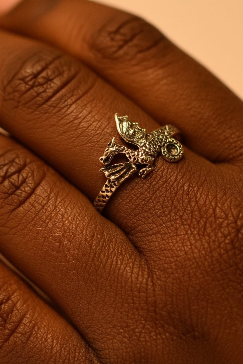 Model wearing sterling silver dragon ring