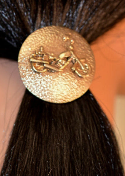 Gold motorcycle circle hair hook in ponytail