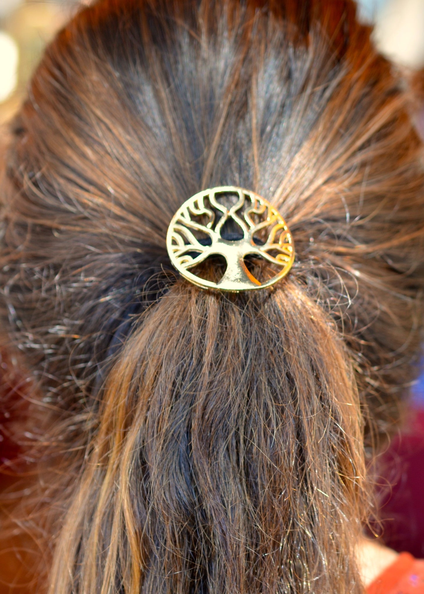 Model wearing Tree of Life Hair Hook - Gold Celtic Ponytail Holder for Women