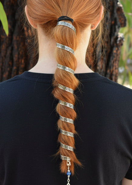 Model wearing Silver Eternity Ponytail Wrap - 12" Celtic Knot Accessory