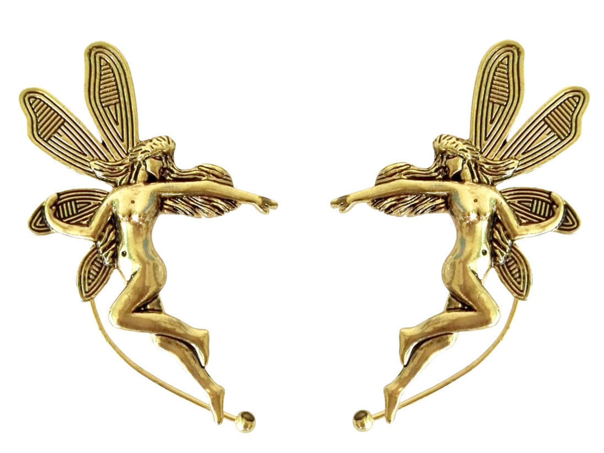 Gold fairy-shaped elf ear cuffs with wing details, front view
