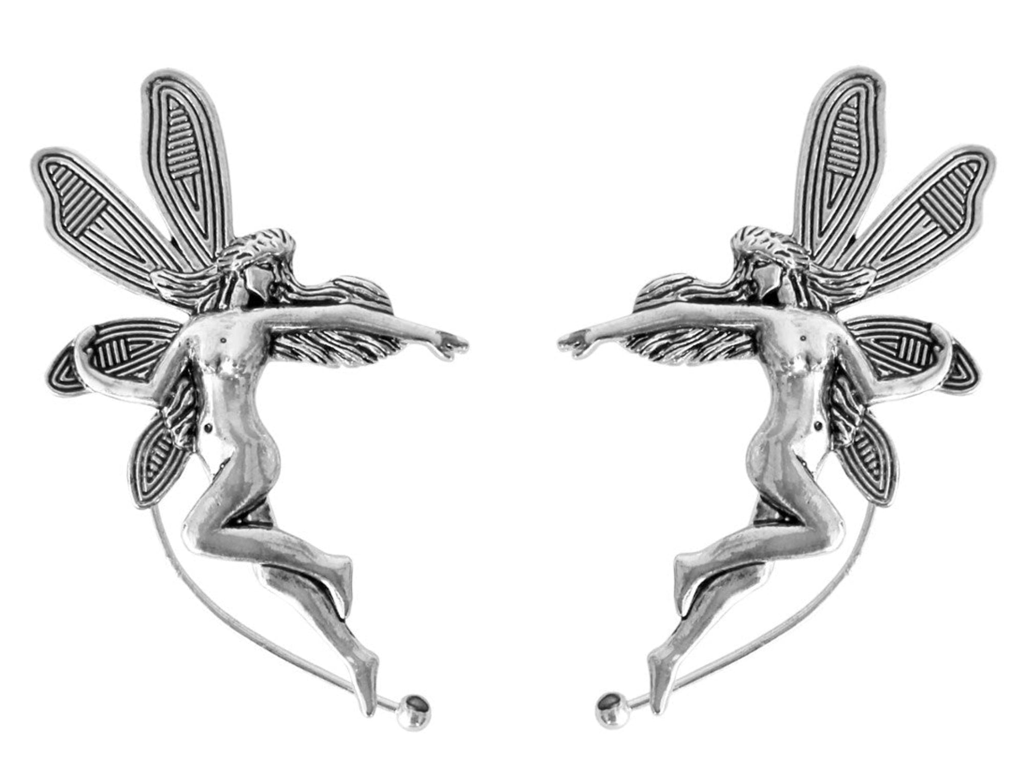 Silver fairy ear cuffs with winged figure design, pair, front view