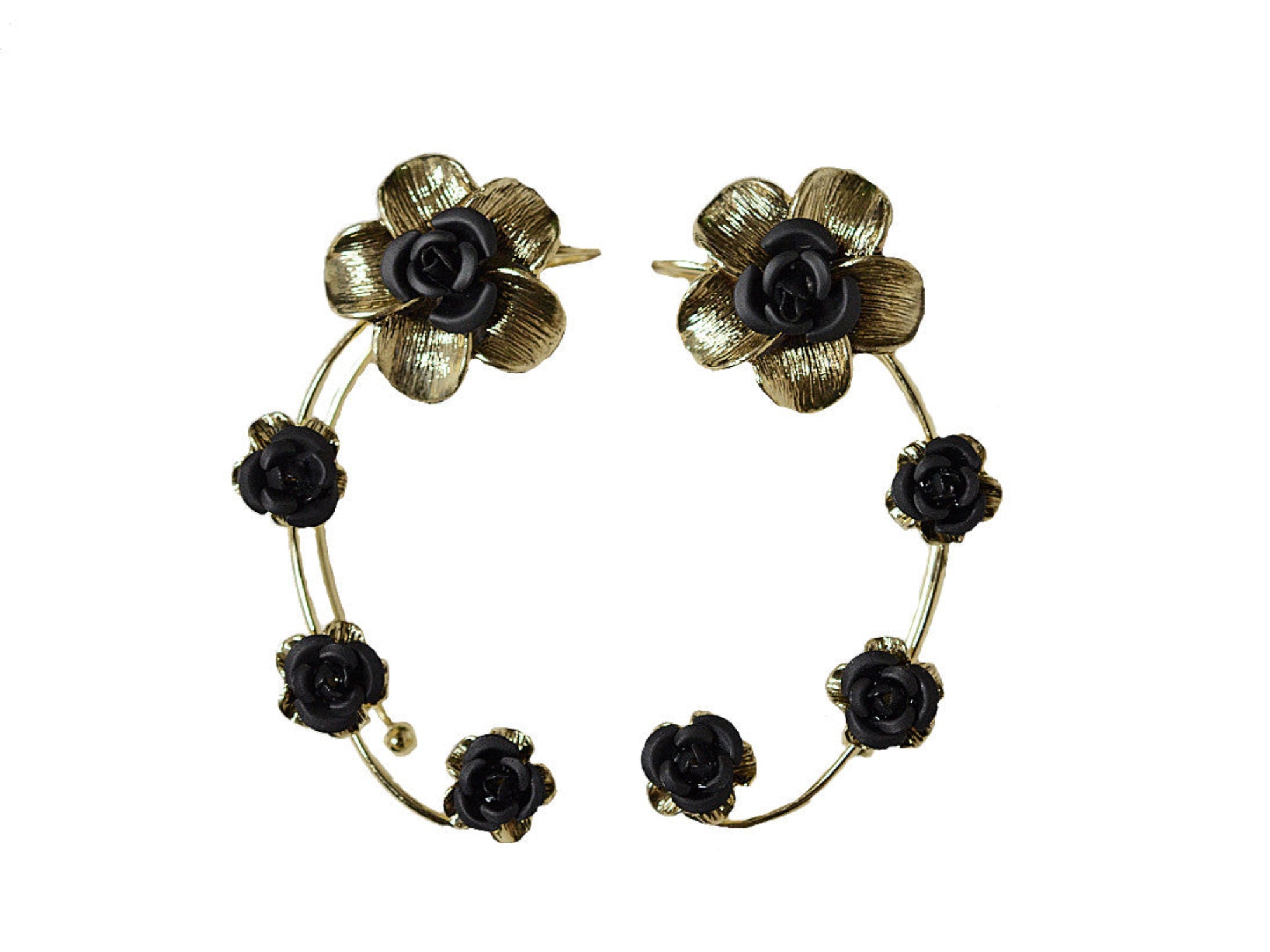 Gold plumeria rose elf ear cuffs with black floral accents, non-piercing