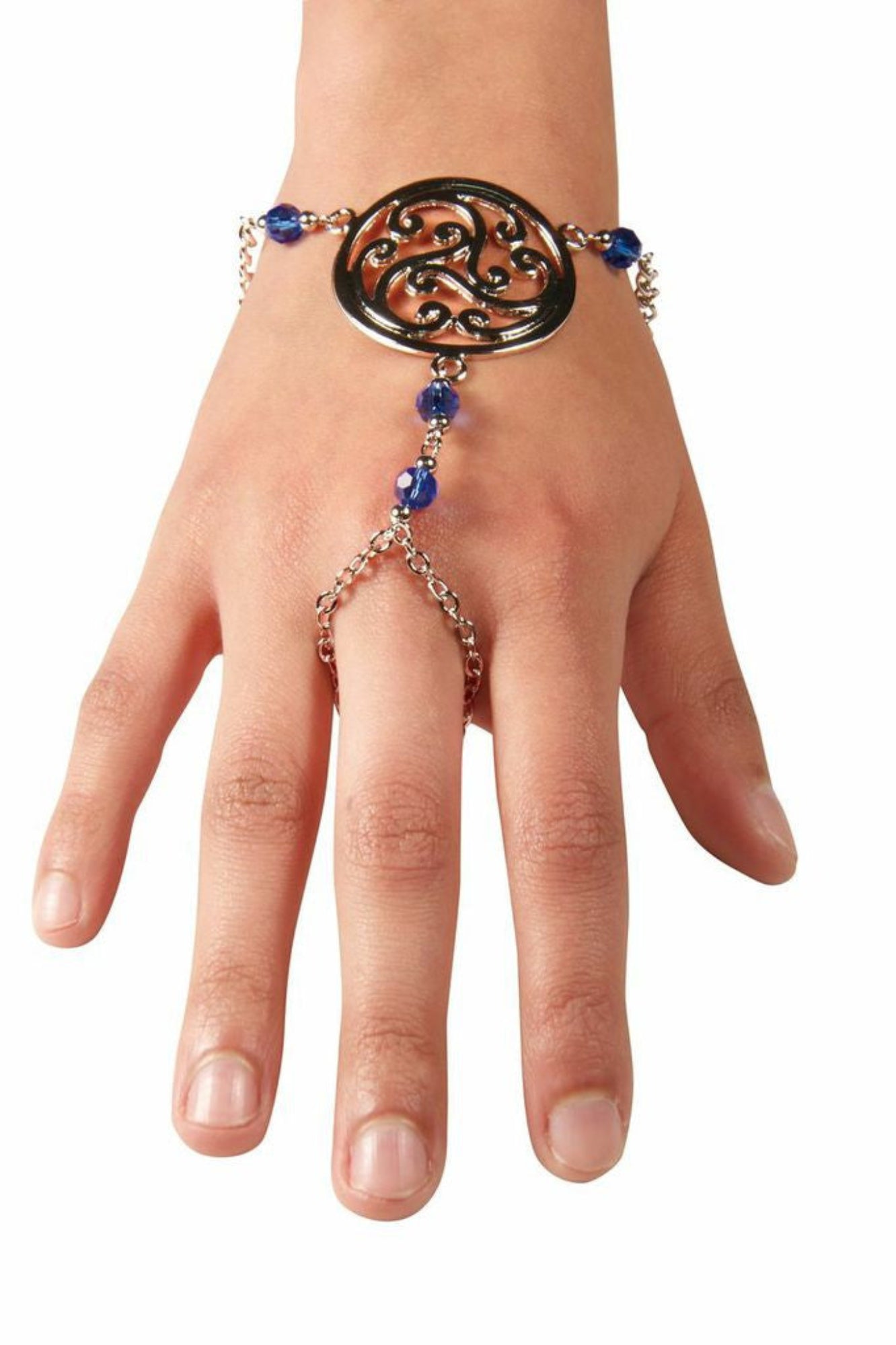 Silver Celtic spiral knot hand chain finger bracelet with blue bead accents worn on hand