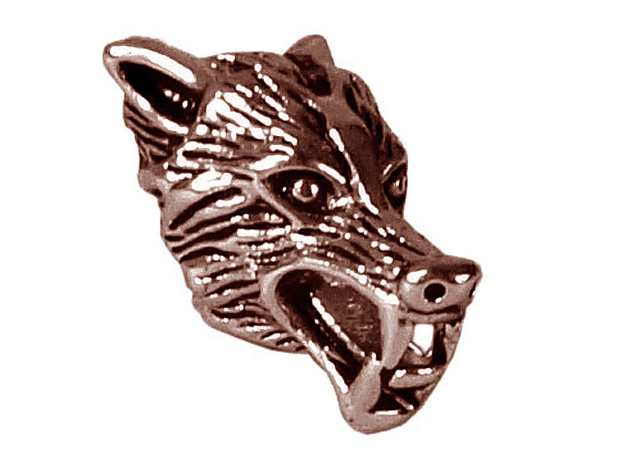 Wolf head hair bead in antiqued copper finish, three-quarter view