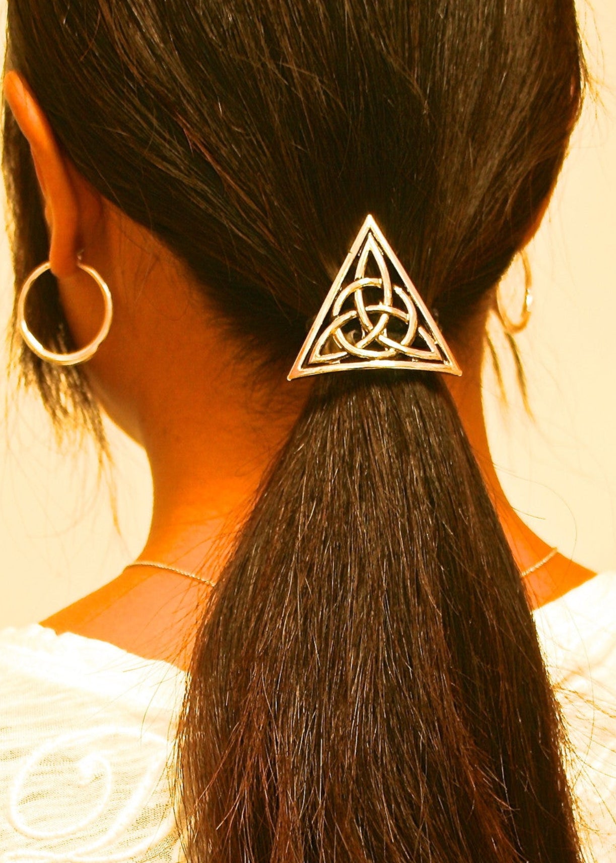 Model wearing Hair Hook Celtic Triple Set - Silver Ponytail Holders for Women