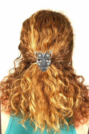 Model wearing Owl Hair Hook - Silver Diamond Accented Ponytail Holder Accessory