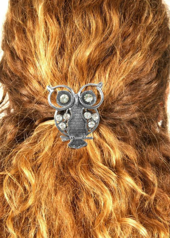 Model wearing Owl Hair Hook - Silver Diamond Accented Ponytail Holder Accessory