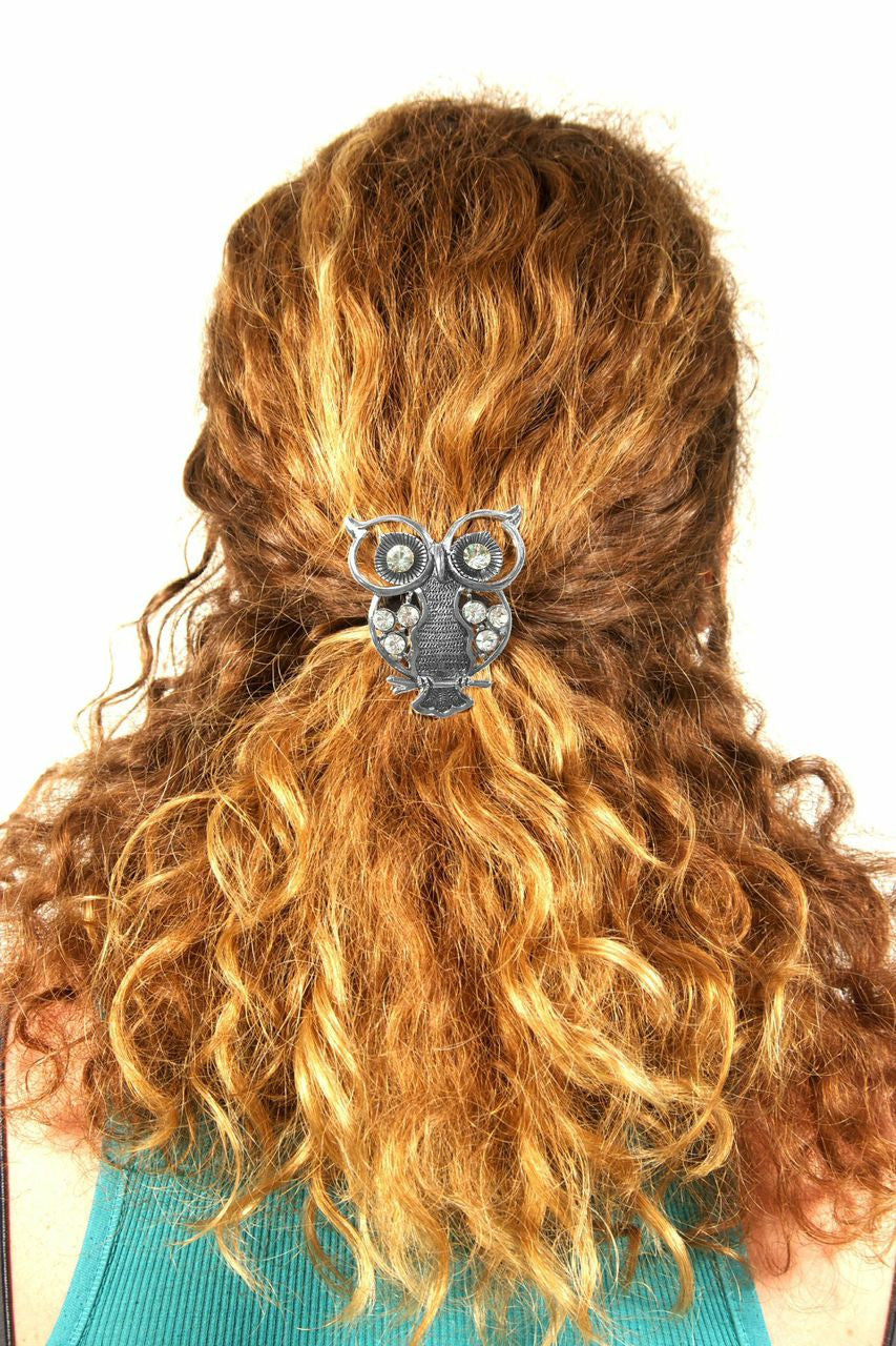 Model wearing Owl Hair Hook - Silver Diamond Accented Ponytail Holder Accessory