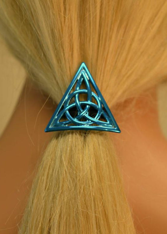 Model wearing Celtic Triangle Hair Hook - Blue Ponytail Accessory for Women