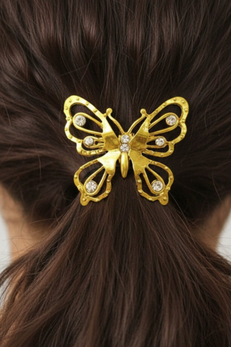 Model wearing Hair Hook Diamond Butterfly - Gold Boho Ponytail Holder