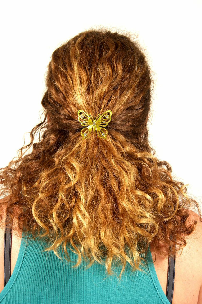 Model wearing Hair Hook Diamond Butterfly - Gold Boho Ponytail Holder
