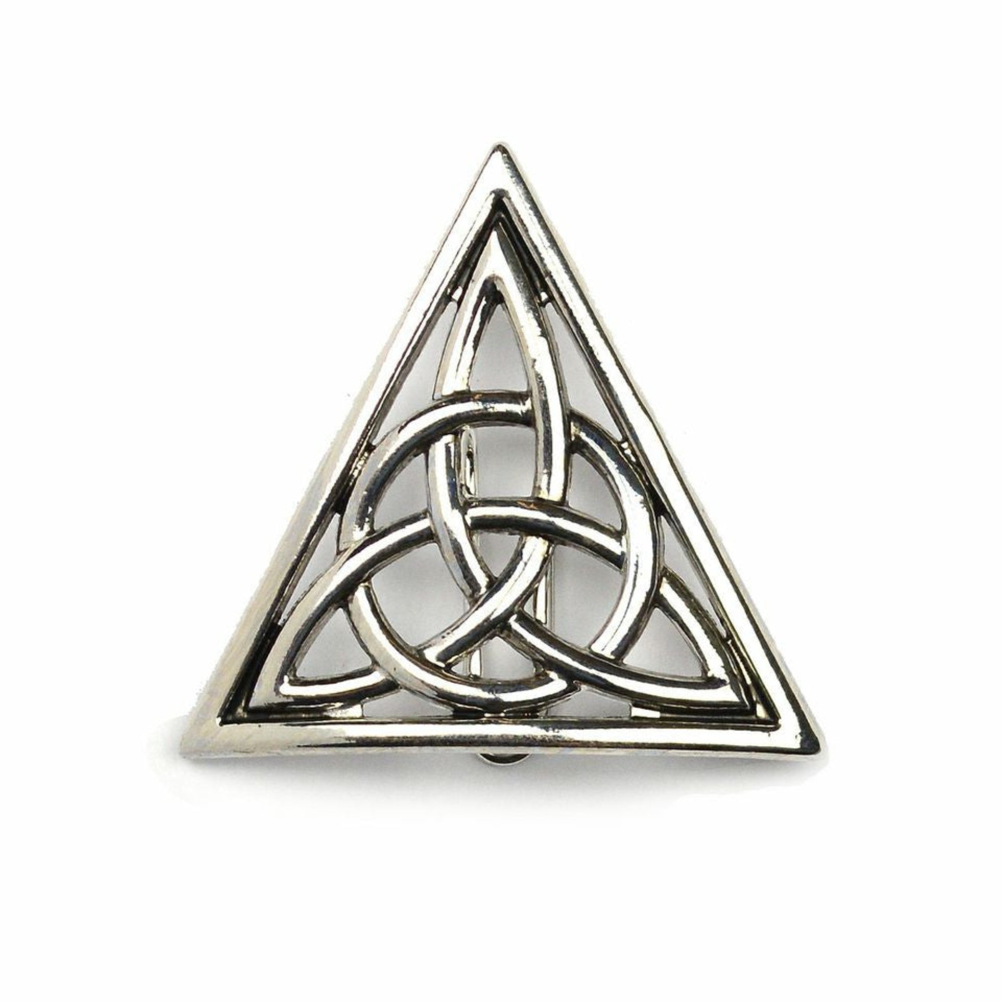 Silver Celtic triangle hair hook ponytail holder with trinity knot design, front view