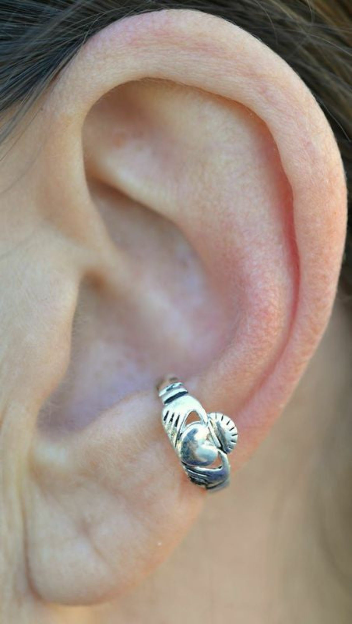 silver claddagh ear cuff non piercing earring front view