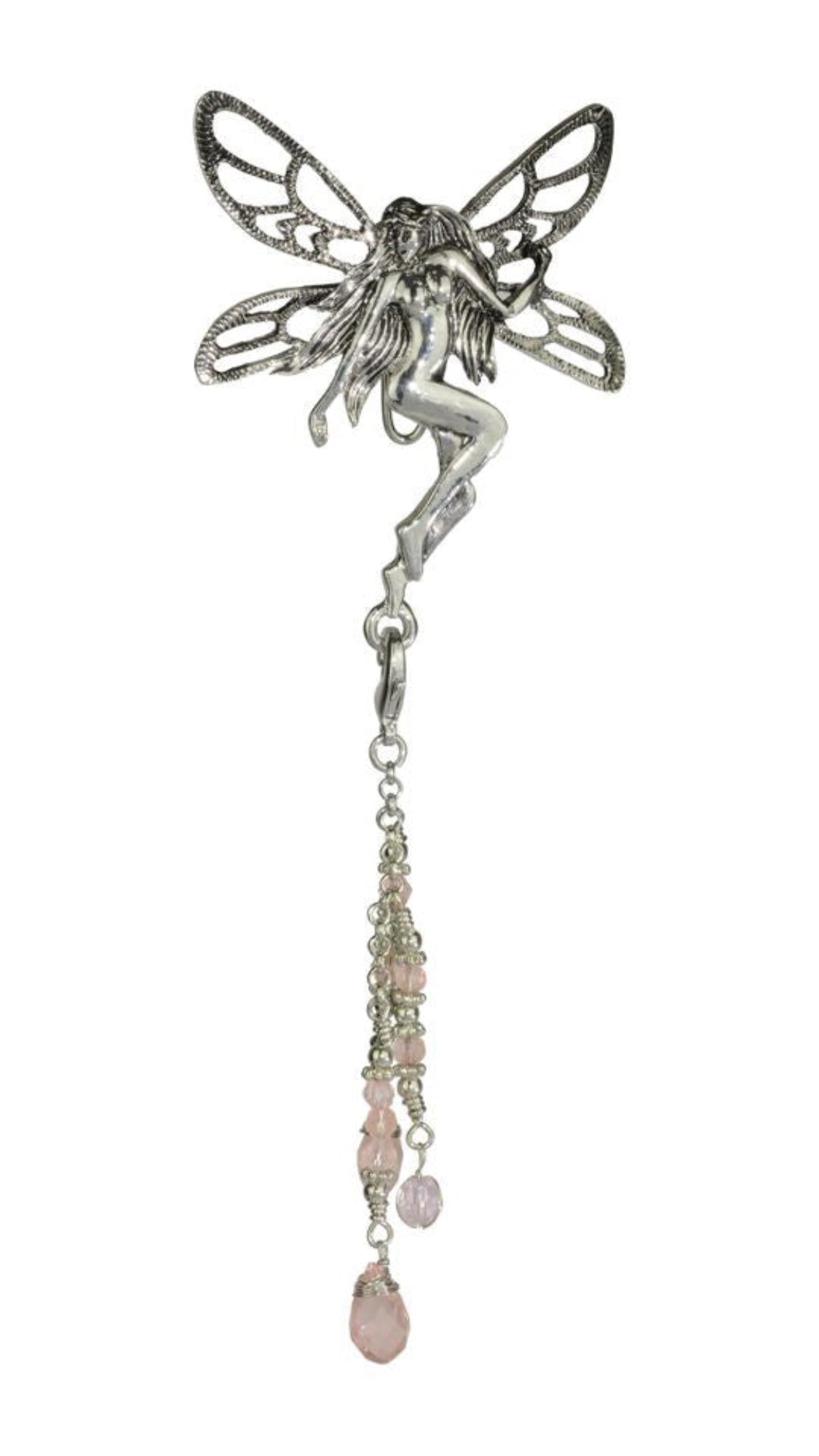 Silver fairy hair hook with bead charms, front view
