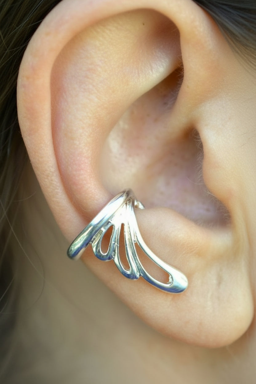 silver flowy wing ear cuff non piercing earring front view