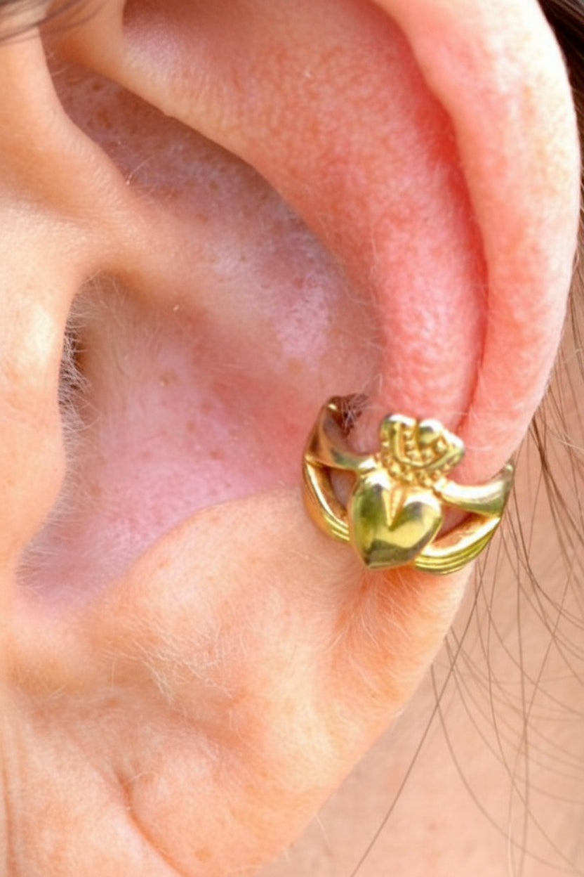gold claddagh ear cuff non piercing earring front view
