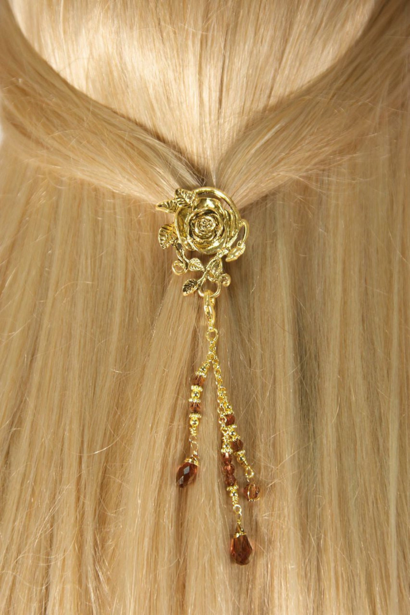 Model wearing Hair Hook Gold Rose with Bead Charm Ponytail Holder