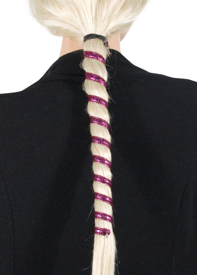Model wearing Hot Pink Woven Leather Ponytail Wrap - 12" Boho Hair Accessory